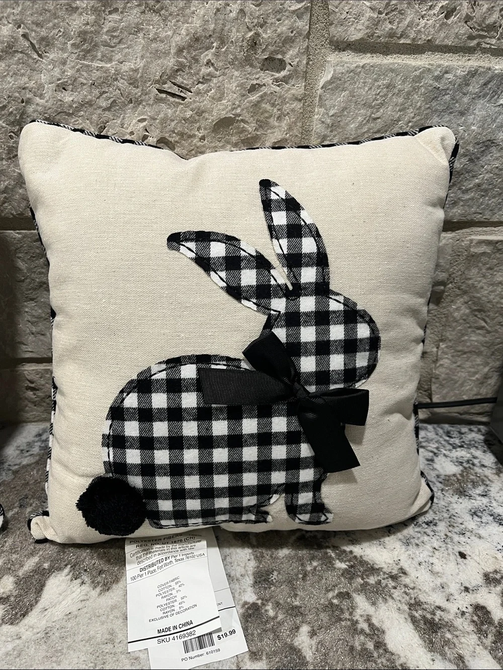 NEW Pair of Pier 1 Black and Cream Gingham Bunny Accent Pillows